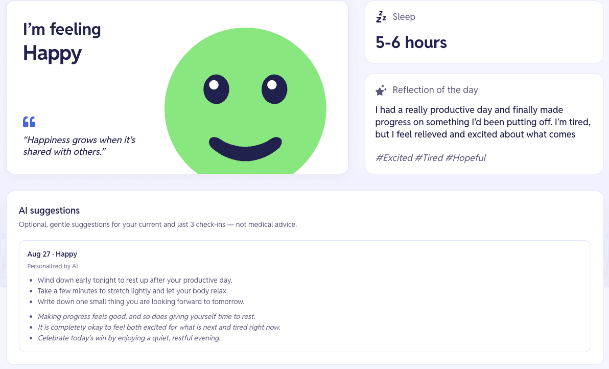 AI-generated personalized activity suggestion and supportive phrase for a specific mood entry