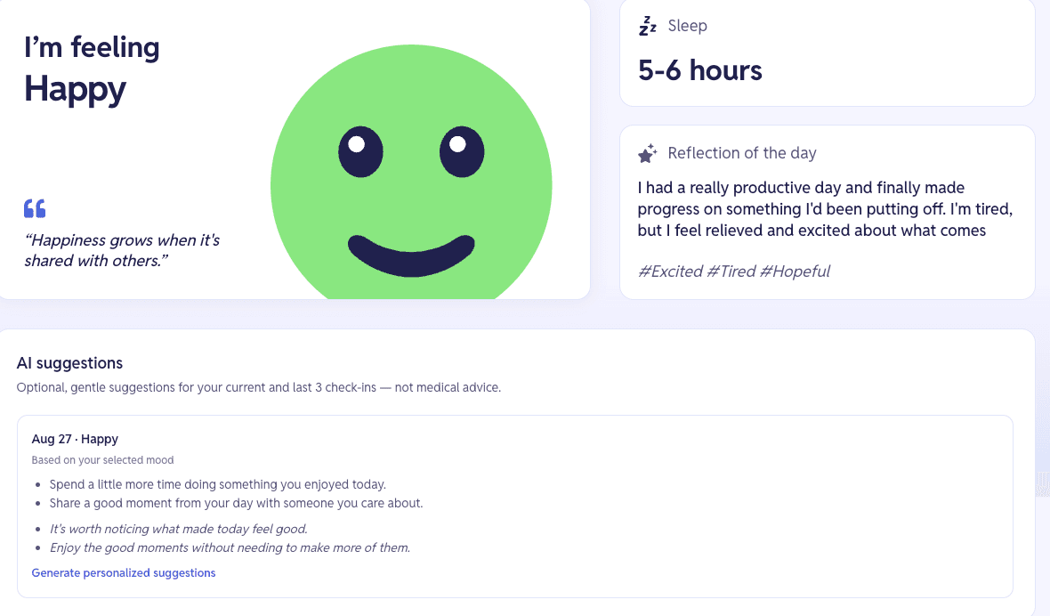 Deterministic activity suggestions and a supportive phrase shown for a logged mood entry