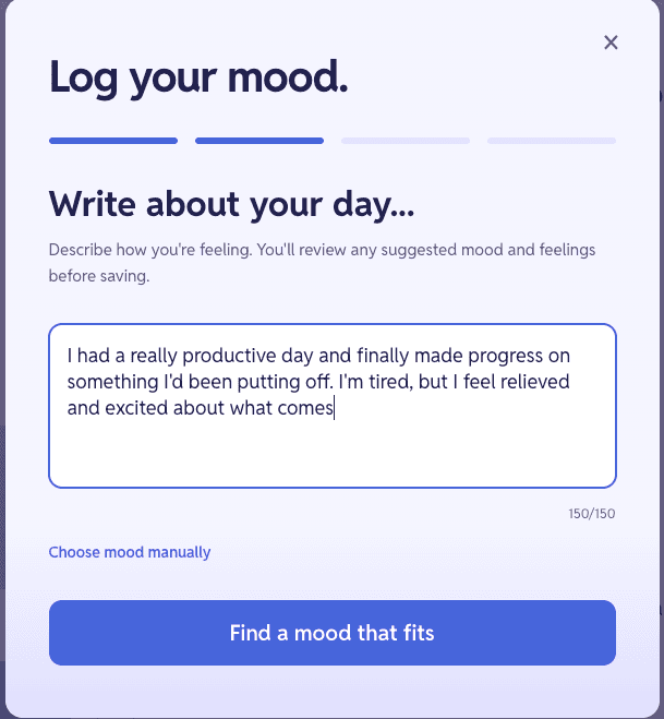 Mood logging modal showing a free-text reflection field used for AI-assisted mood identification