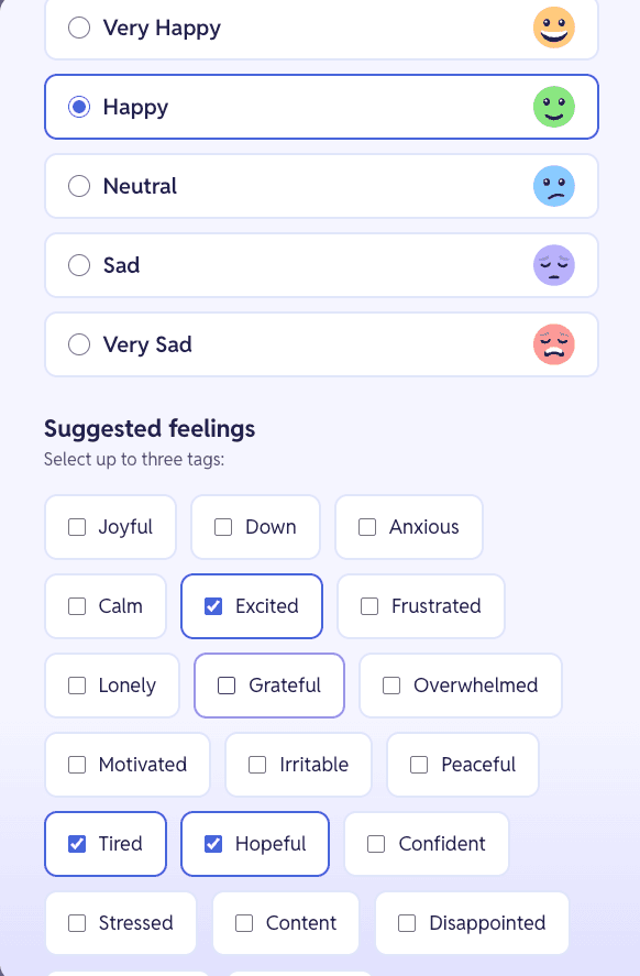 AI-suggested mood and feelings shown for review before the user confirms and saves the entry