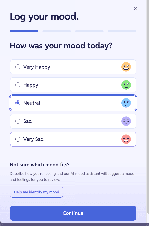 Mood logging modal with mood level, feelings, journal reflection, and sleep range fields