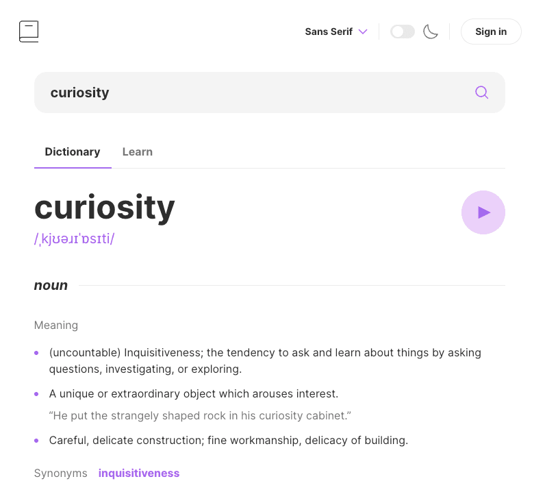 Dictionary search results showing a definition, phonetics, and pronunciation audio controls