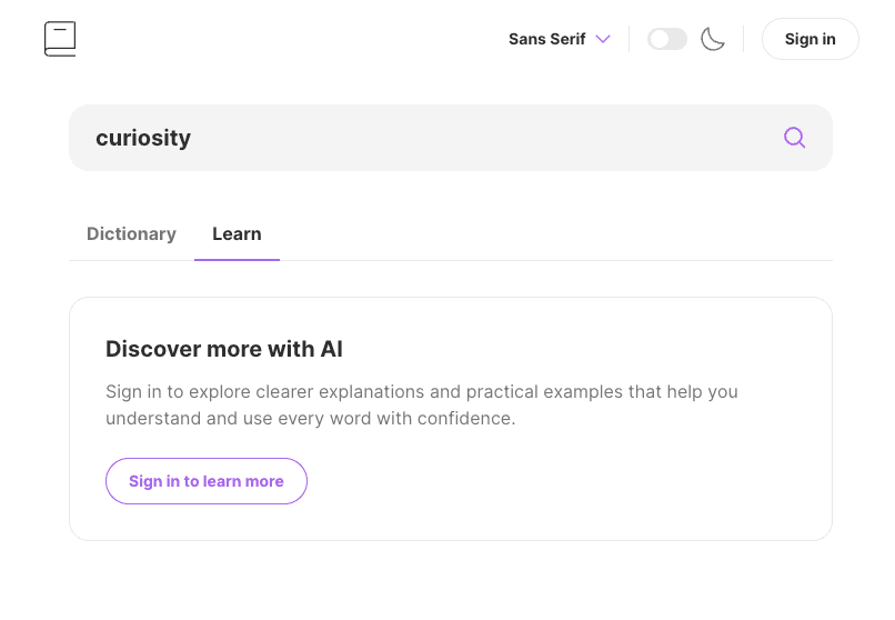 Guest view of Web Dictionary AI with dictionary search available and the Learn features shown locked behind sign-in