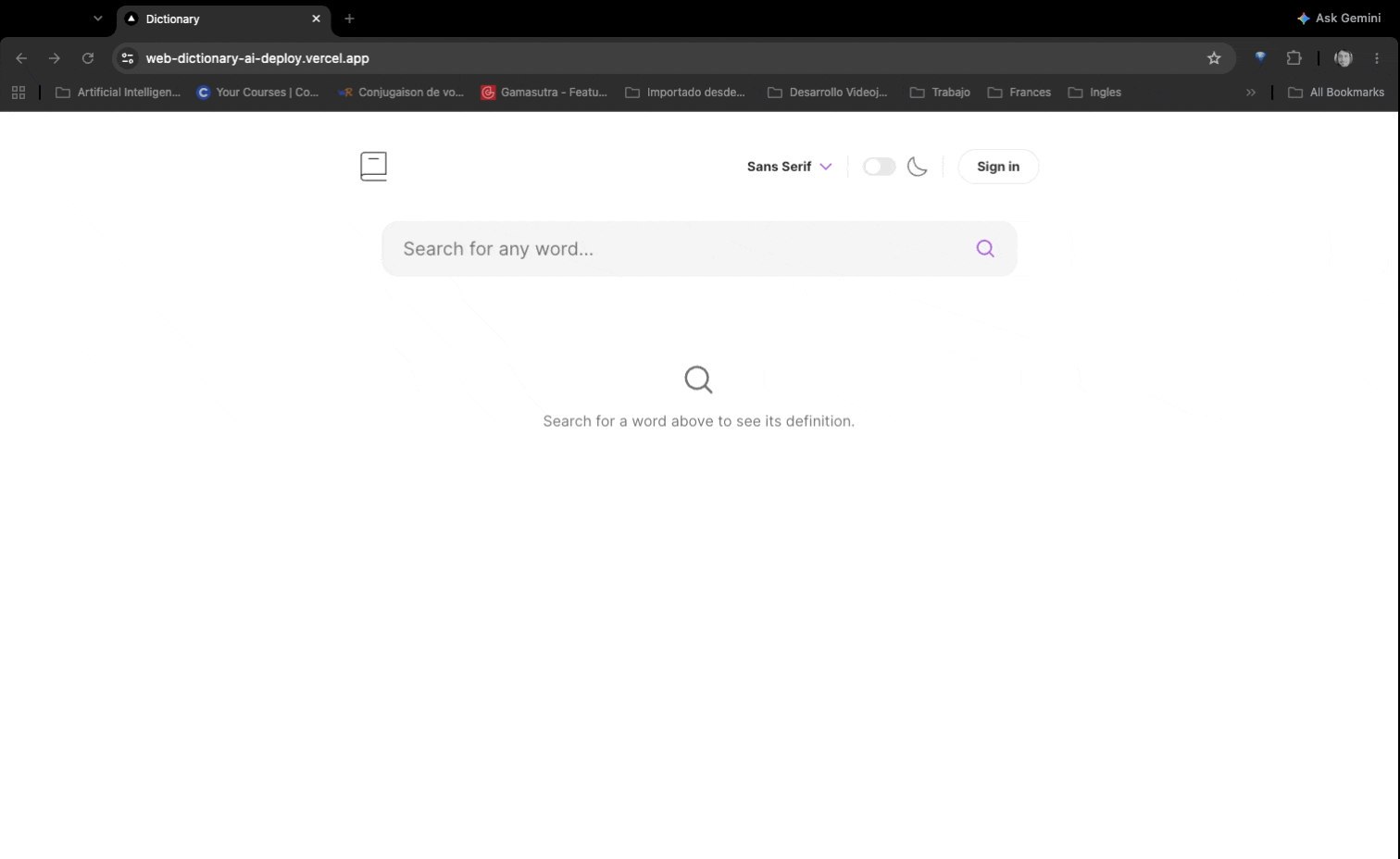 Walkthrough of searching a word and viewing AI-generated explanations and examples in Web Dictionary AI
